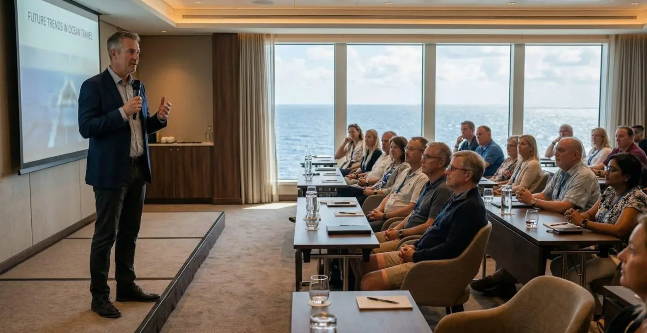 Conférencier s'adressant à un auditoire dans le salon d'un navire de croisière culturelle avec vue sur la mer
