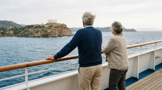Couple de voyageurs observant des ruines grecques antiques depuis le pont d'un navire de croisière culturelle