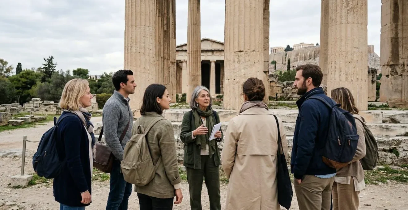 Petit groupe de voyageurs cultivés écoutant un conférencier devant un monument grec lors d'une croisière culturelle